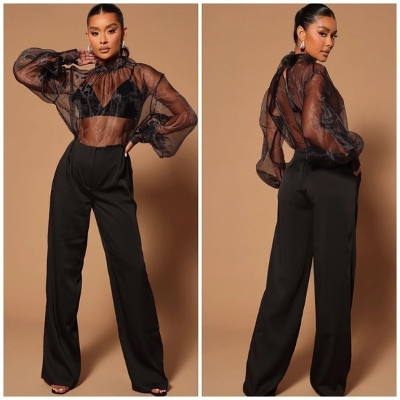 Fashion Nova Black Boss Life Sheer Organza Top Back Tie Wide Leg Jumpsuit Sz XL - Picture 1 of 4
